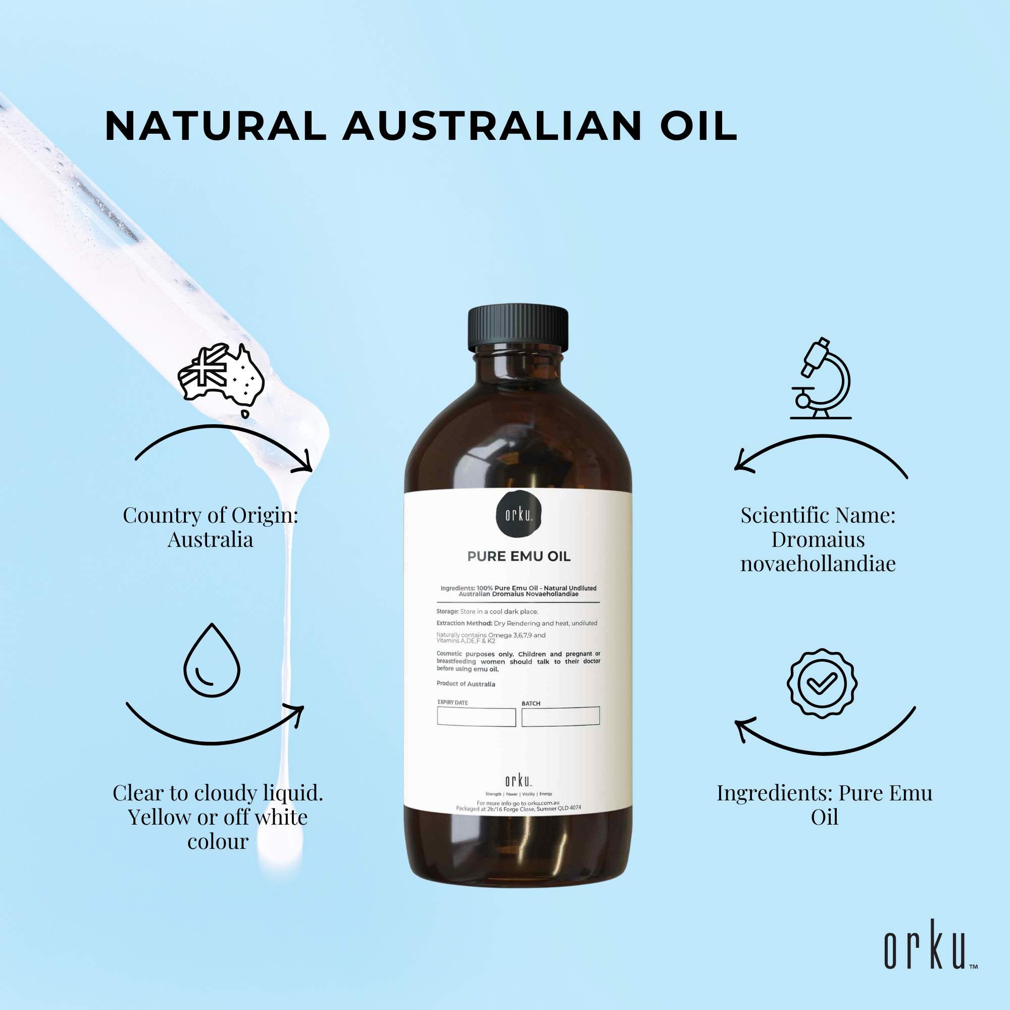 Orku 1L Pure Emu Oil - Natural Undiluted Australian Dromaius Novaehollandiae - Bens Market Place