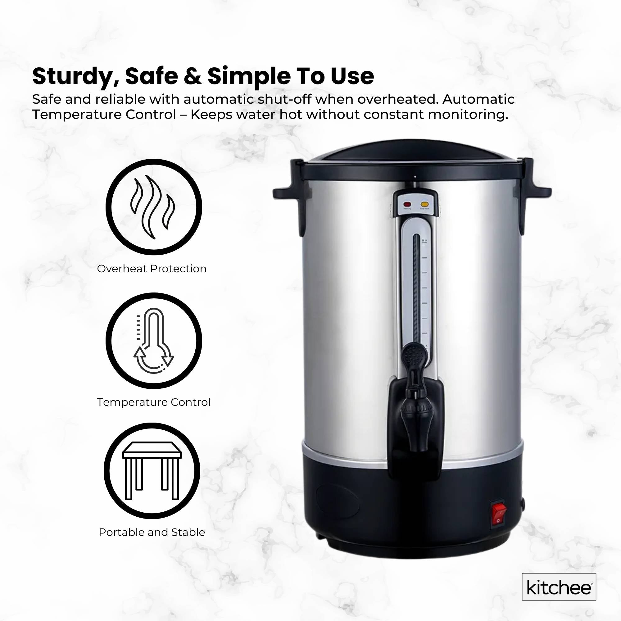 Kitchee 10L Electric Water Boiler - Stainless Steel Commercial Hot Liquid Urn
