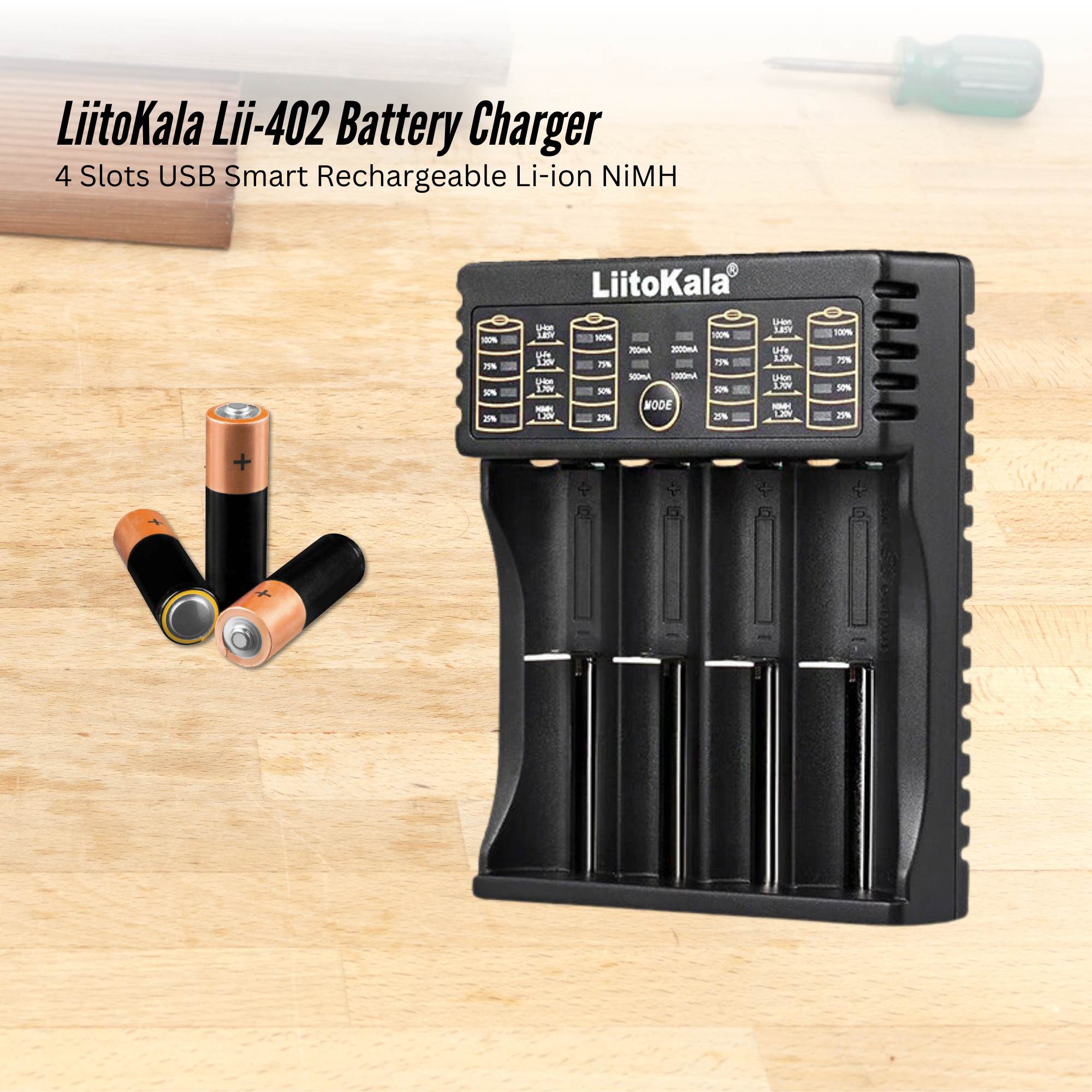 LiitoKala Lii-402 Smart Battery Charger - 4-Slot USB for 18650 AA AAA Li-ion NiMH