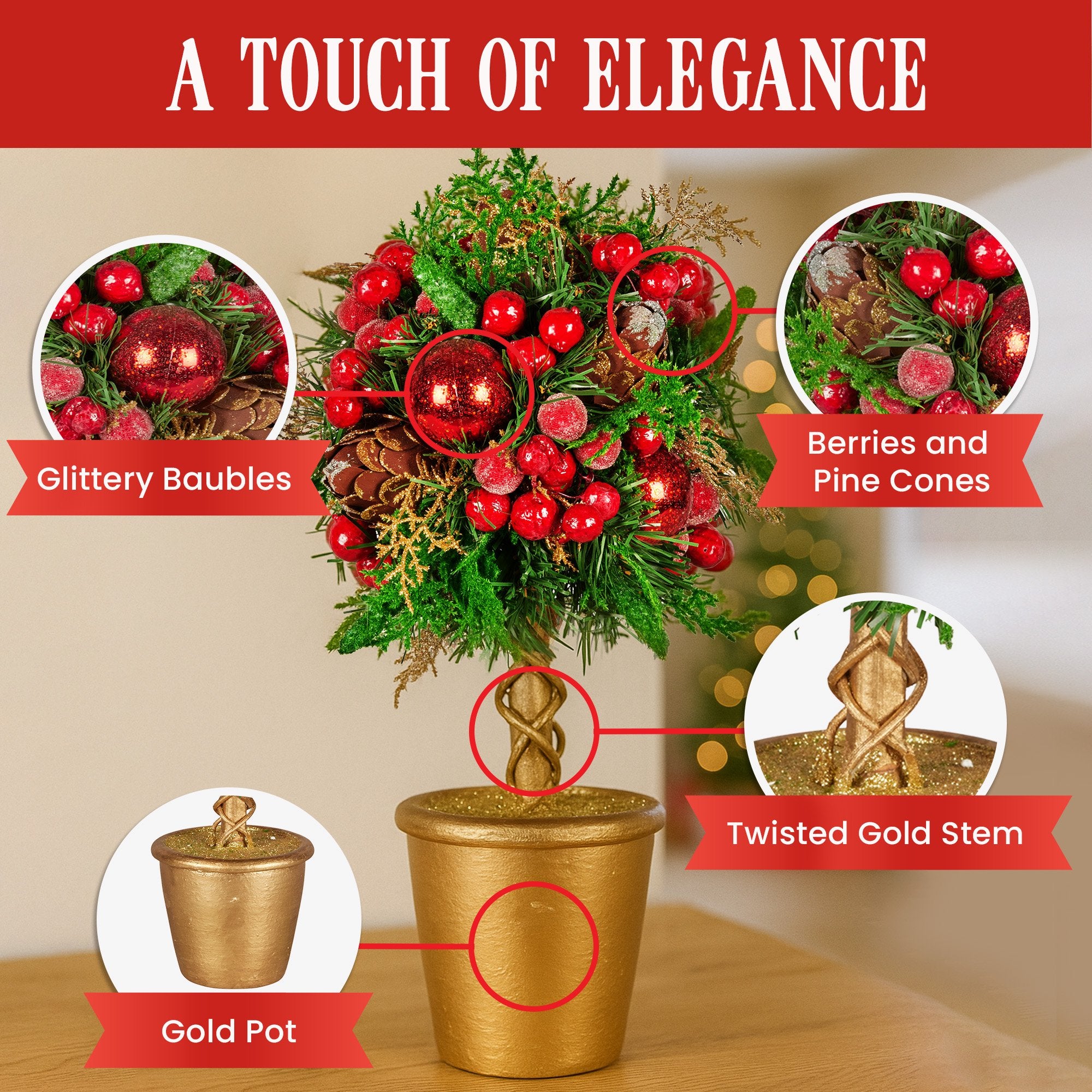 Christabelle 36cm Christmas Tabletop Topiary Tree Pre-Decorated Berries, Baubles & Pine Cones Gold Pot Twisted Stem Festive Decoration