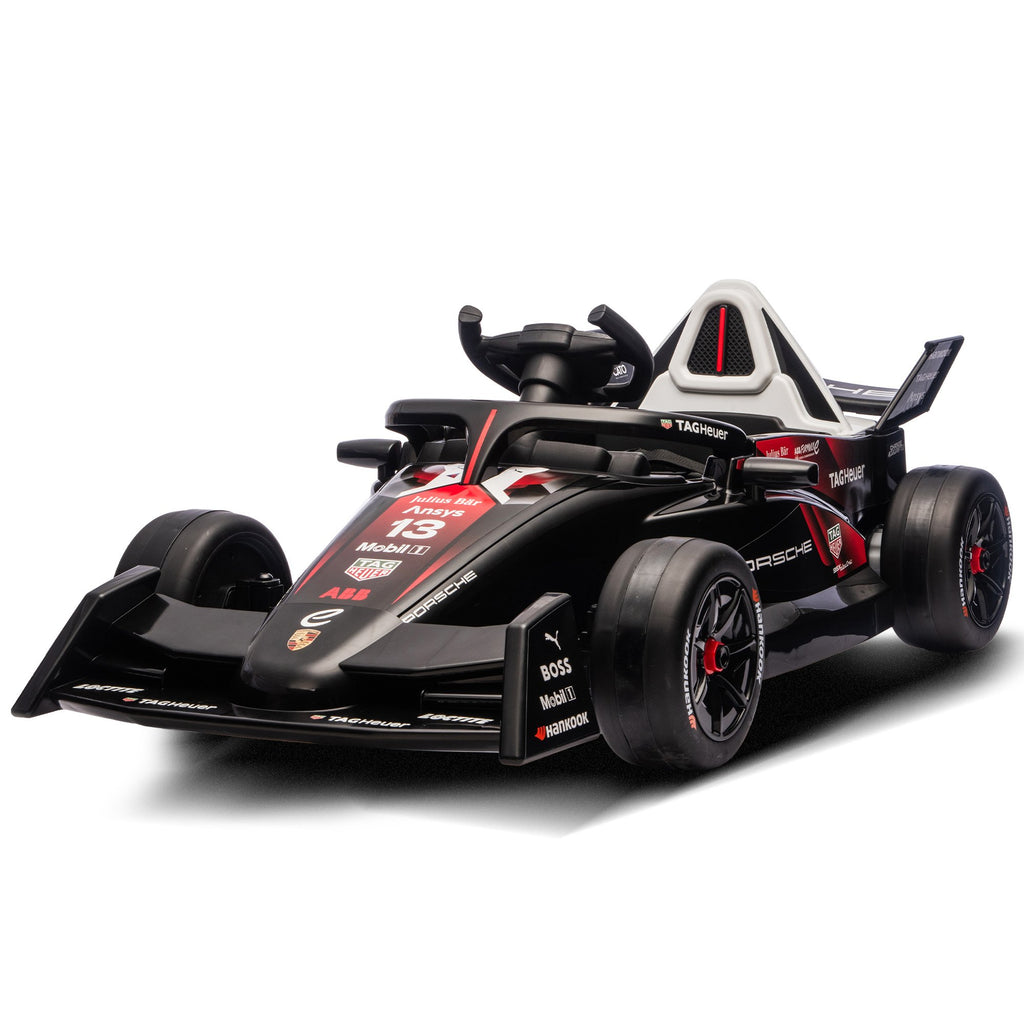 Black and red Formula 1 car on a white background