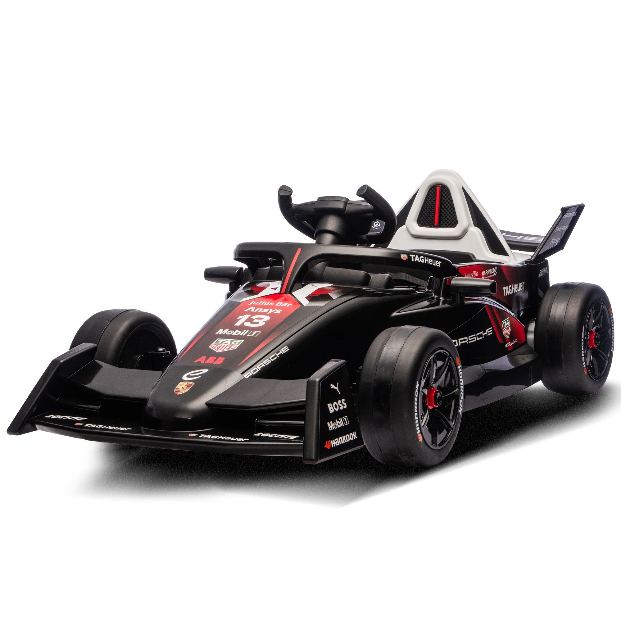 Black and red Formula 1 car on a white background