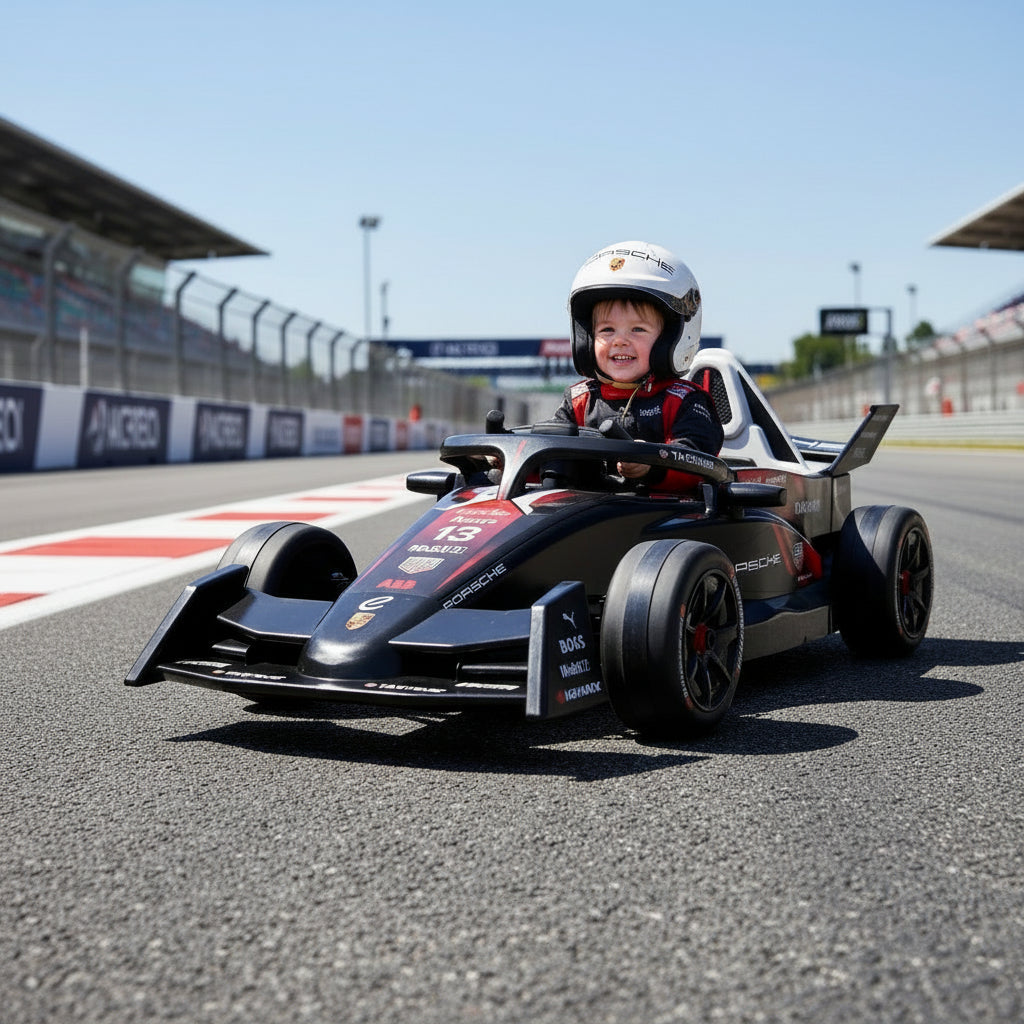 Child in a racing car on a race track with a clear sky
