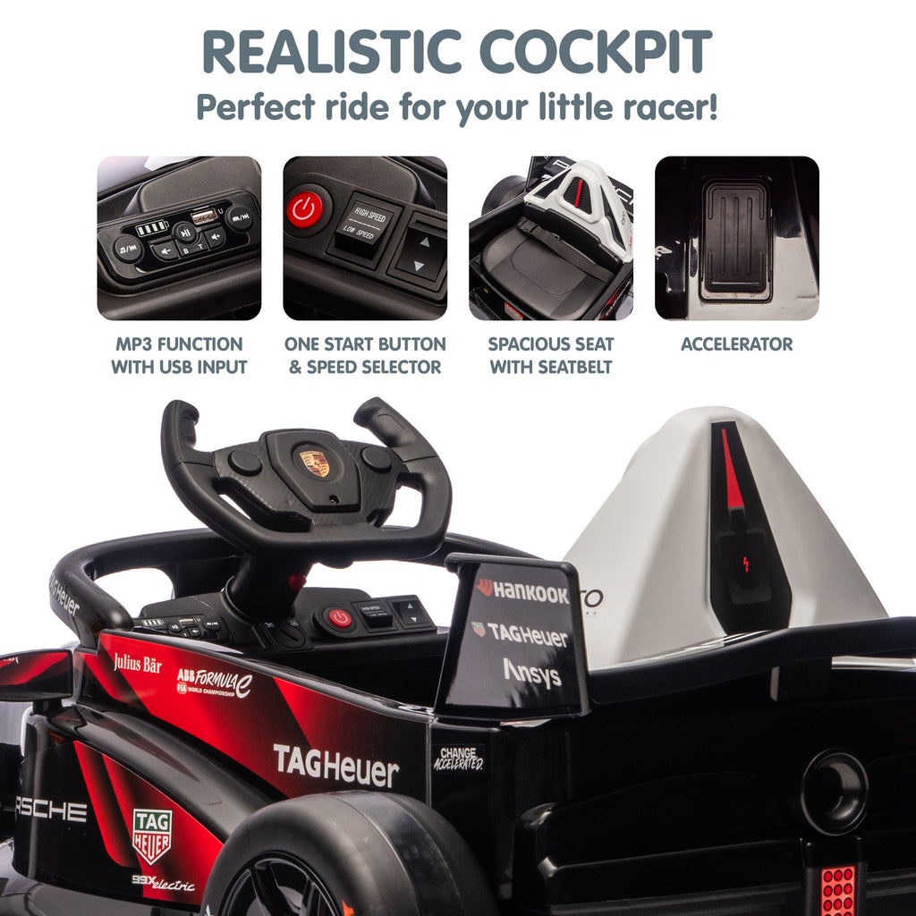 Kids Porsche Formula E Ride-On Car | Remote Control | Dual Motors | MP3 Player | Red