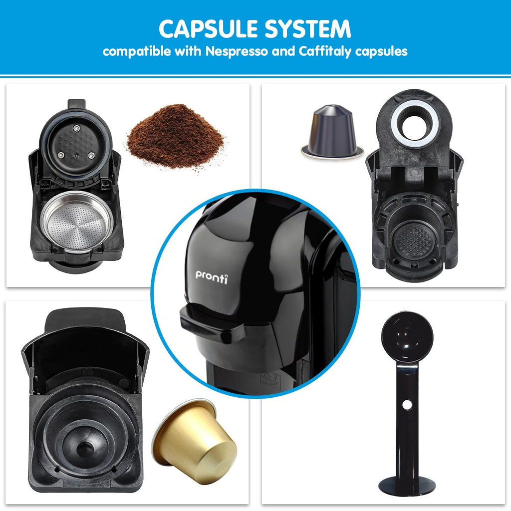 Pronti HomeMaid 3-in-1 Coffee Machine | Nespresso and Caffitaly Compatible | Ground Coffee | 19-Bar Pump | Free Shipping
