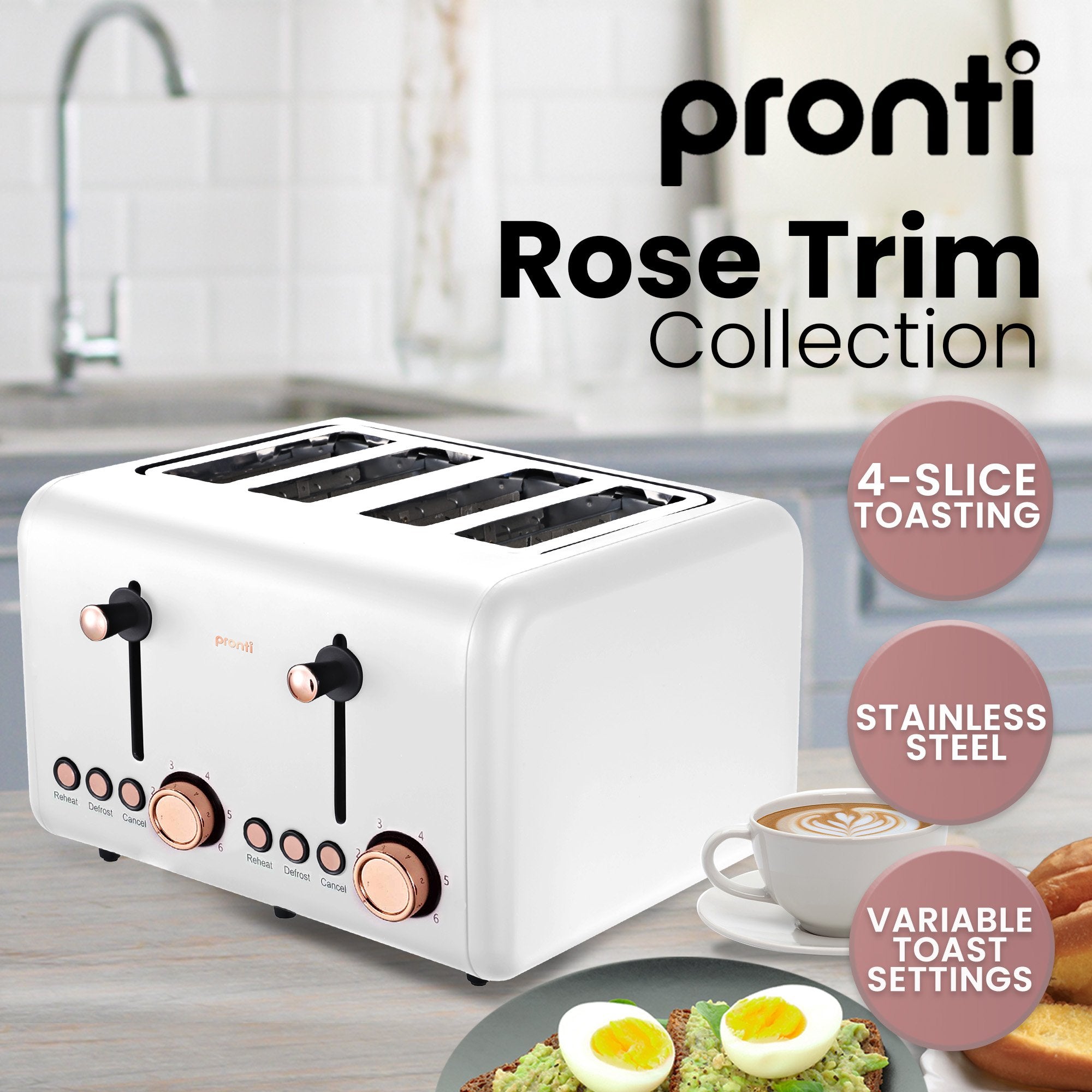 Pronti Breakfast Set with Rose Gold Kettle & Toaster with 1.2L Espresso Machine - White