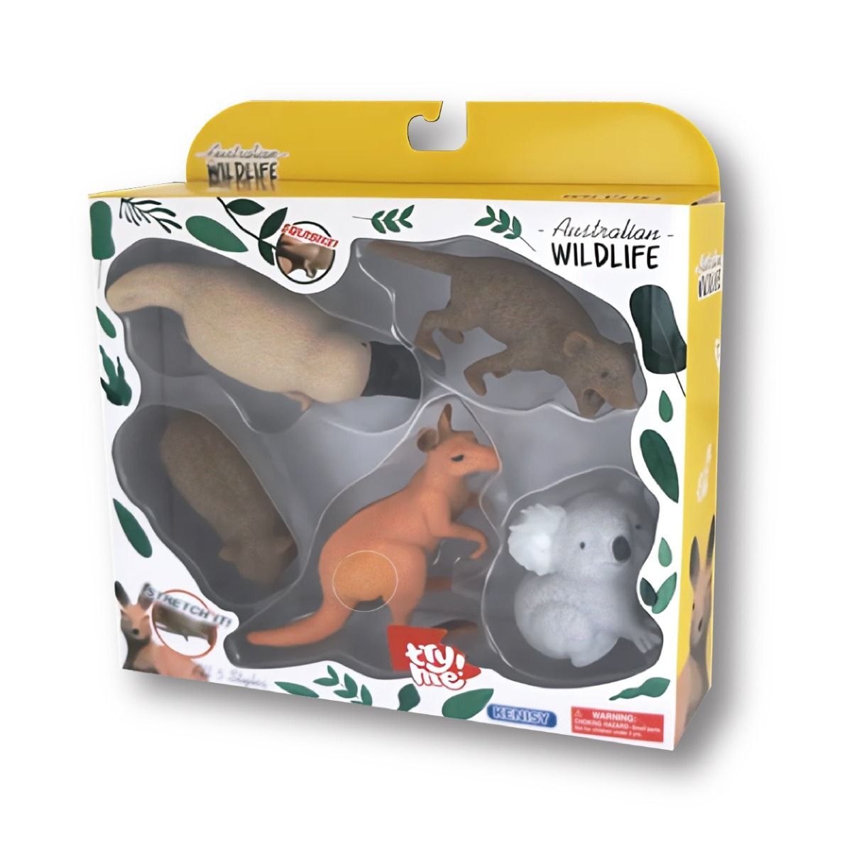 Packaged toy set of Australian wildlife figures with a yellow and white box.