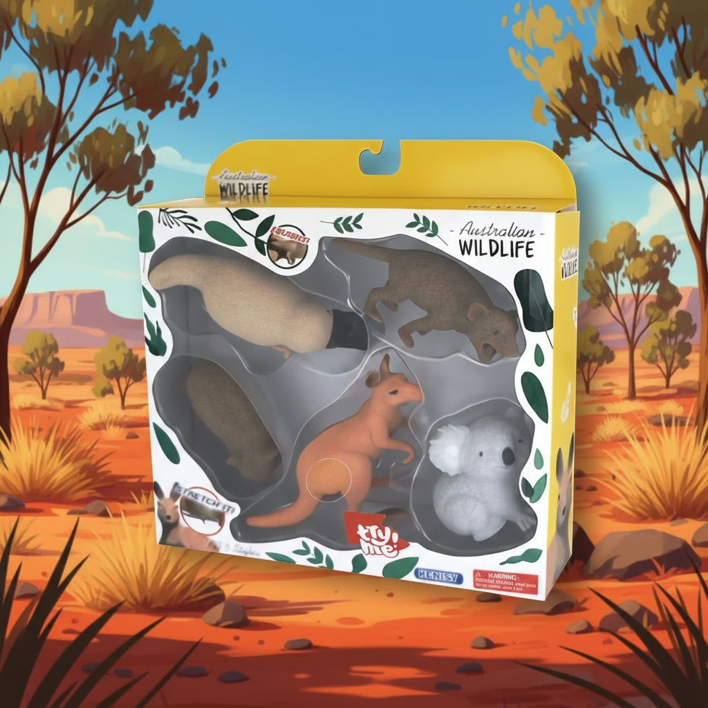 Packaged toy set of Australian wildlife figures with a yellow and white box.
