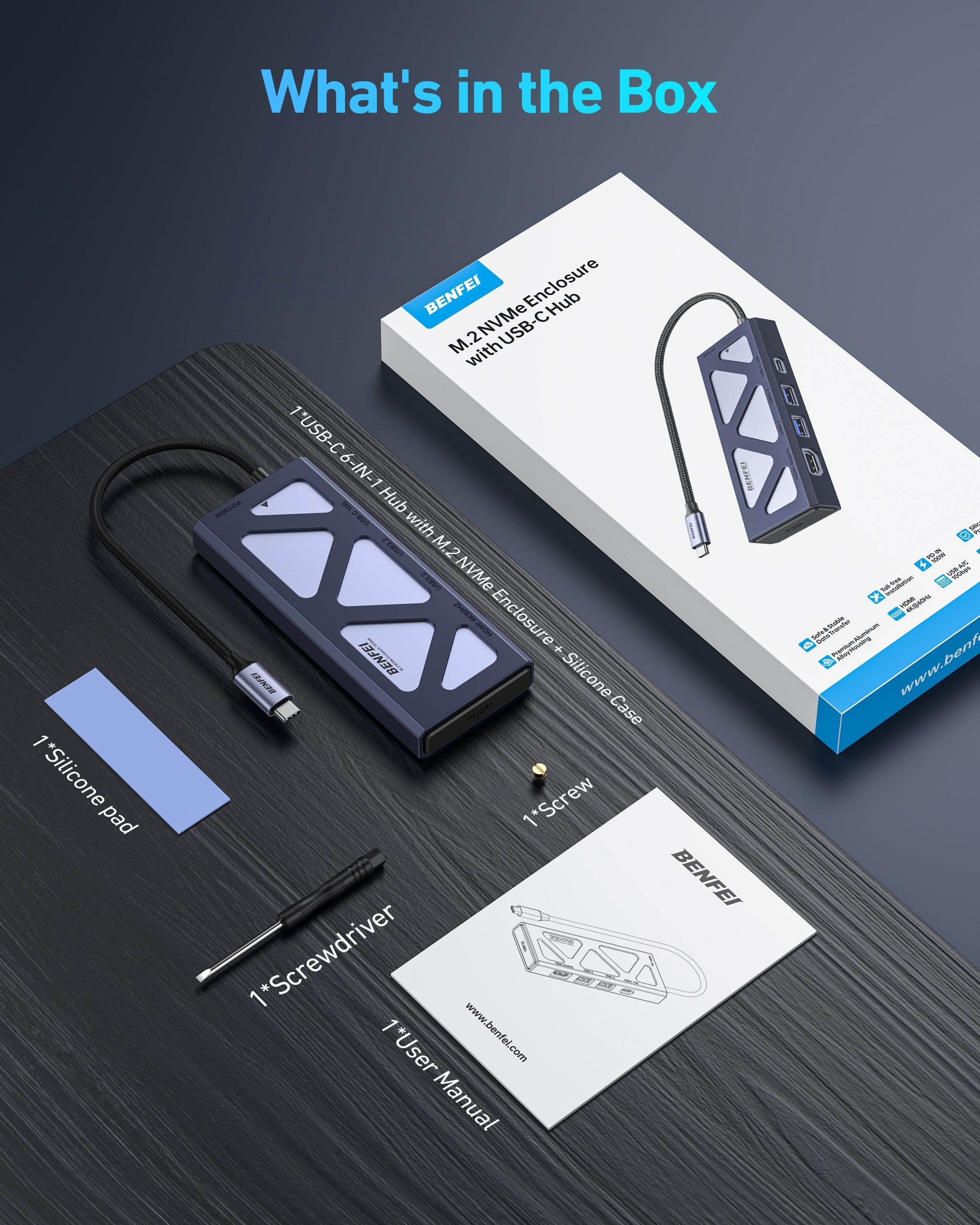 BENFEI 000389GY M.2 NVMe Enclosure with USB-C Hub
