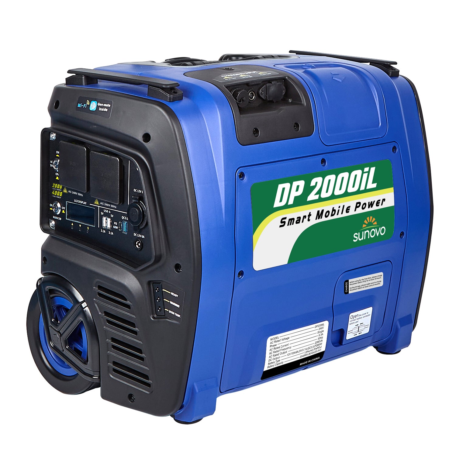 Blue portable power generator with 'Sunova' branding on a white background