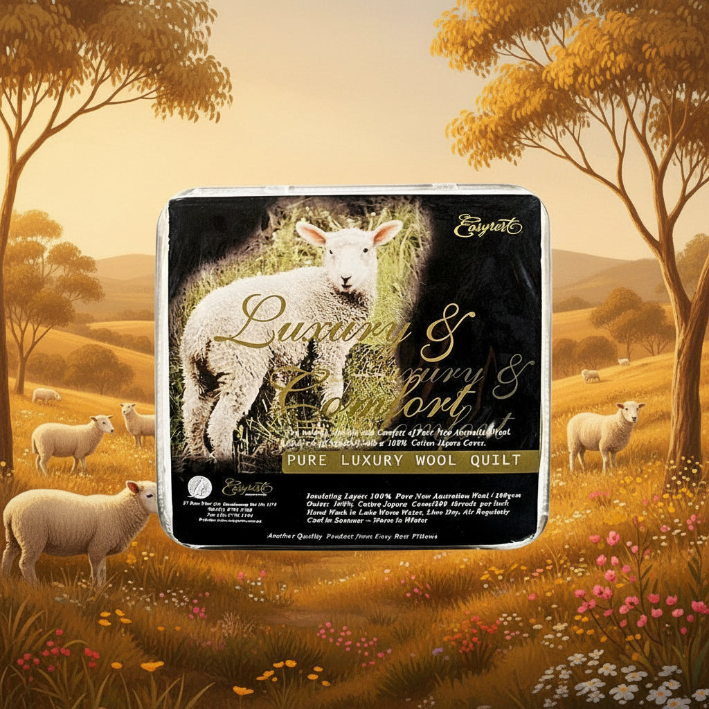 Packaged pure luxury wool quilt with a lamb illustration on a white background