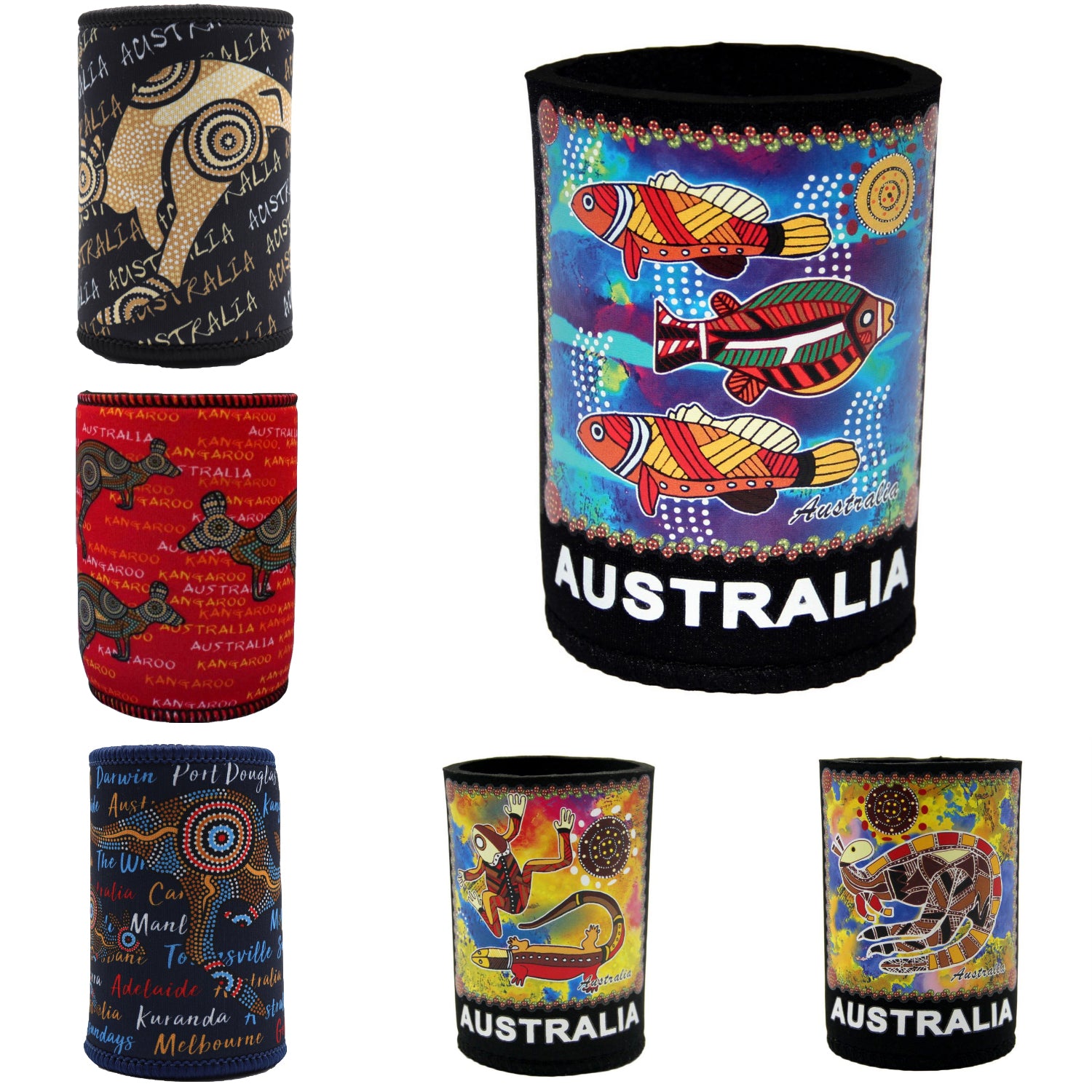 Set of six colorful can coolers with Australian-themed designs on a white background