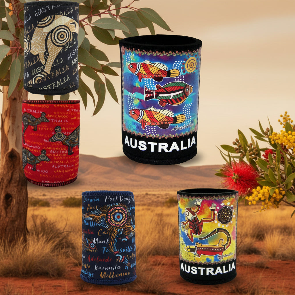 6x Australian Art Stubby Holder Set | Beer Bottle and Can Cooler | Aussie Souvenir | Mixed Designs