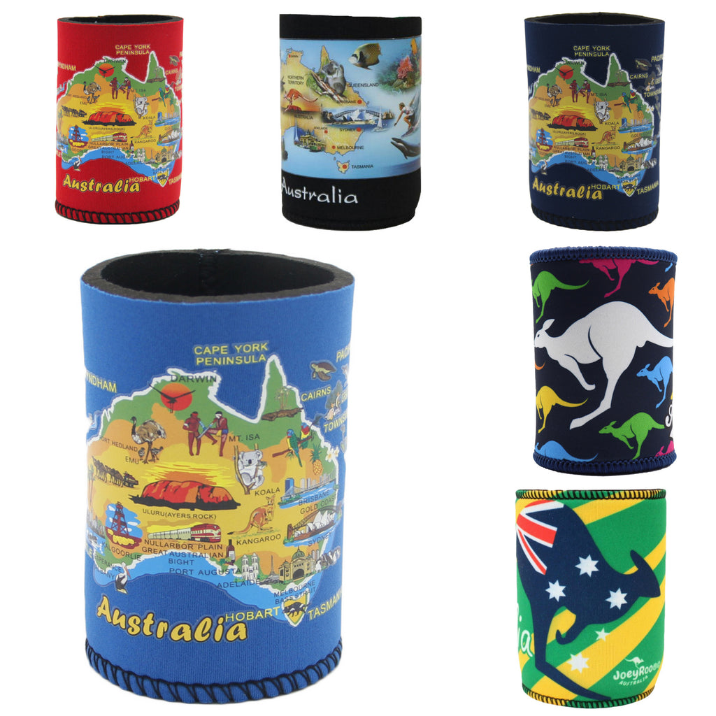 Set of colorful can coolers with Australia-themed designs on a white background