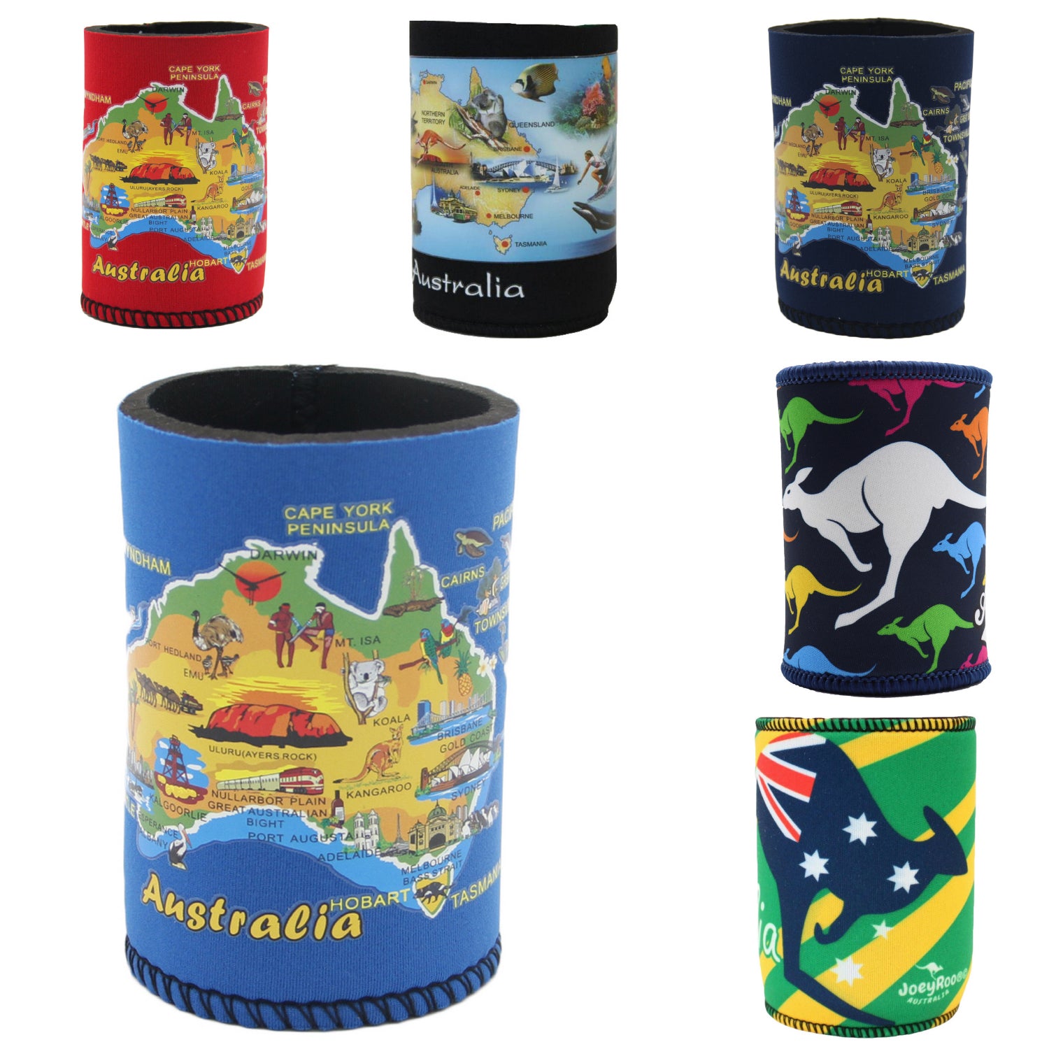 Set of colorful can coolers with Australia-themed designs on a white background