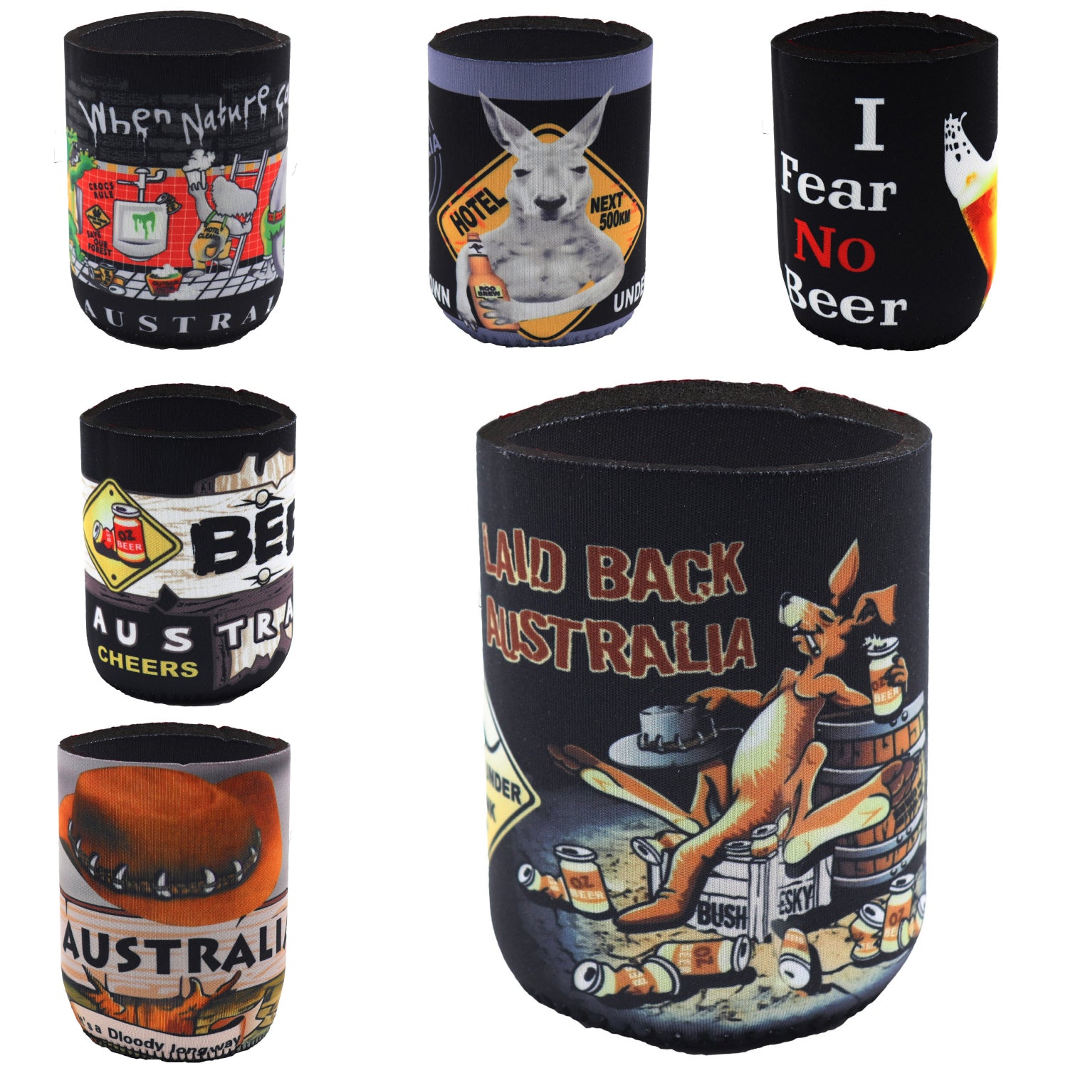 6x Australia Stubby Holder Set | Beer Bottle and Can Cooler | Mixed Designs | Aussie Souvenir