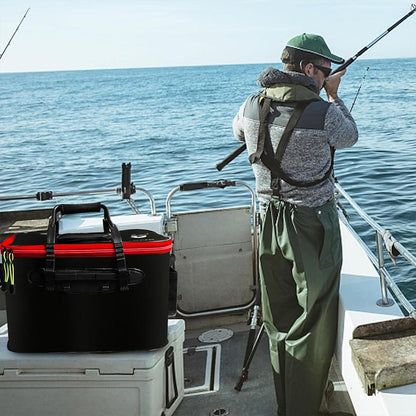 Portable Folding EVA Fishing Bucket Multi Use Live Fish Container with Strap - Black-45cm