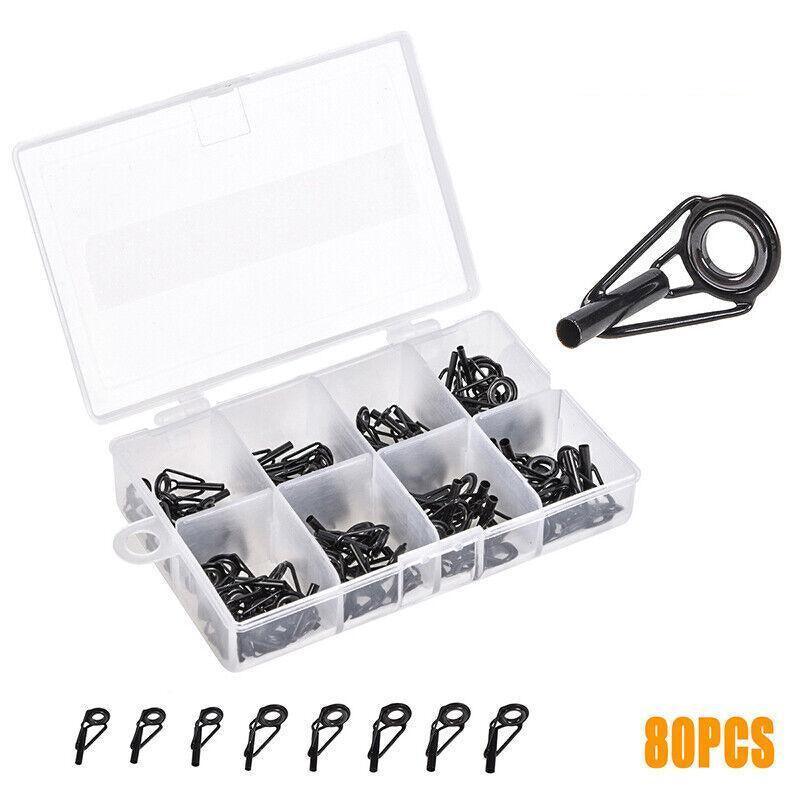 80 Fishing Rod Guide Set Tackle Tips Repair Kits Ring 8 Size Stainless Steel Box