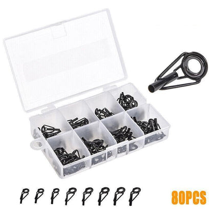 80 Fishing Rod Guide Set Tackle Tips Repair Kits Ring 8 Size Stainless Steel Box