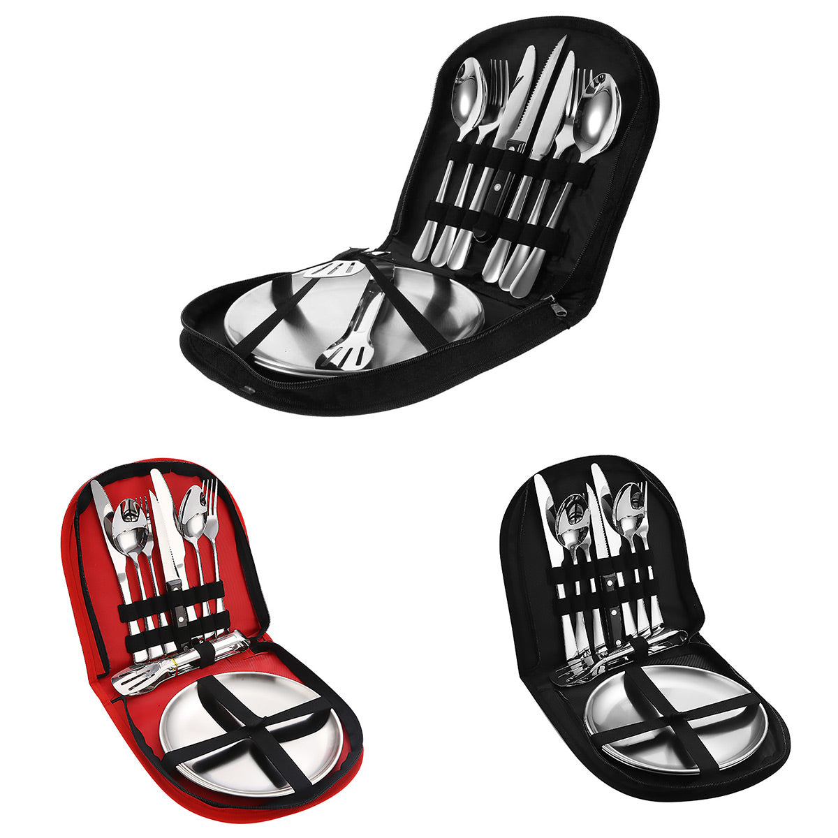 10/20PCS Camping Cutlery Set Outdoor Picnic Utensils Plates Spoons Forks Knives - Black-2 People