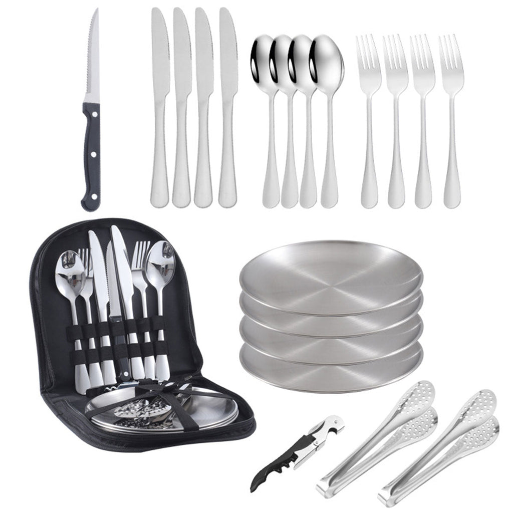 10/20PCS Camping Cutlery Set Outdoor Picnic Utensils Plates Spoons Forks Knives - Black-2 People