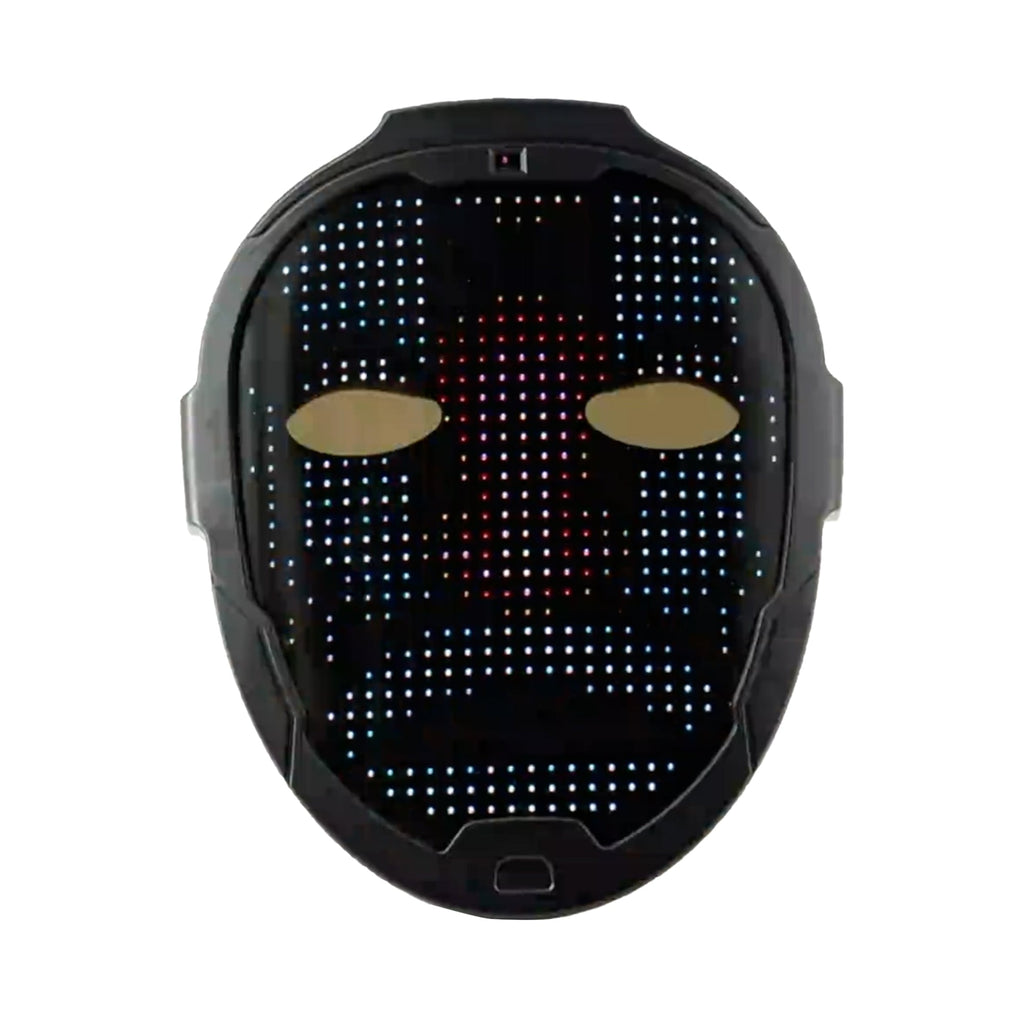Black LED mask with colorful display on a white background