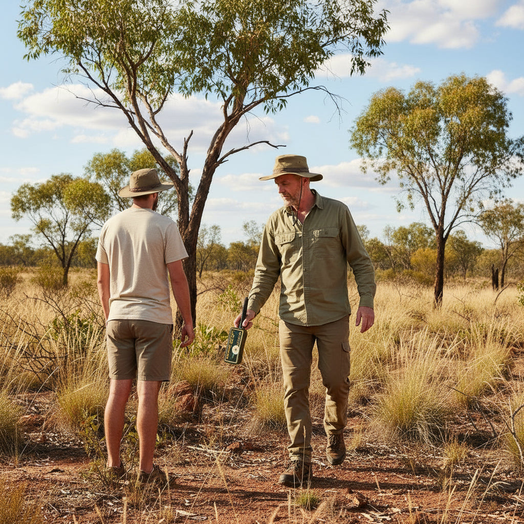 Man walking through a dry, open landscape with trees and a clear sky.