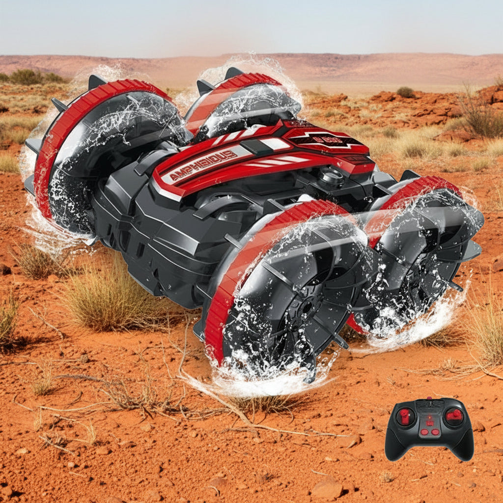 Robotic snow blower with red and black design on a white background