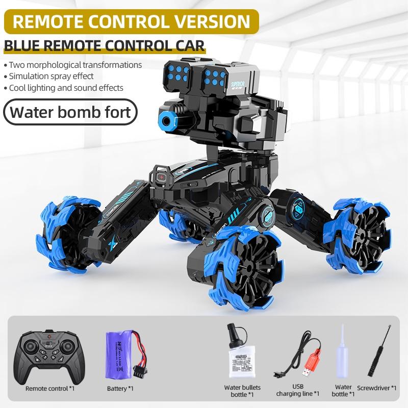 Remote Control Water Bomb Car - Four-wheel Battle Blooming Tire Spray - Blue