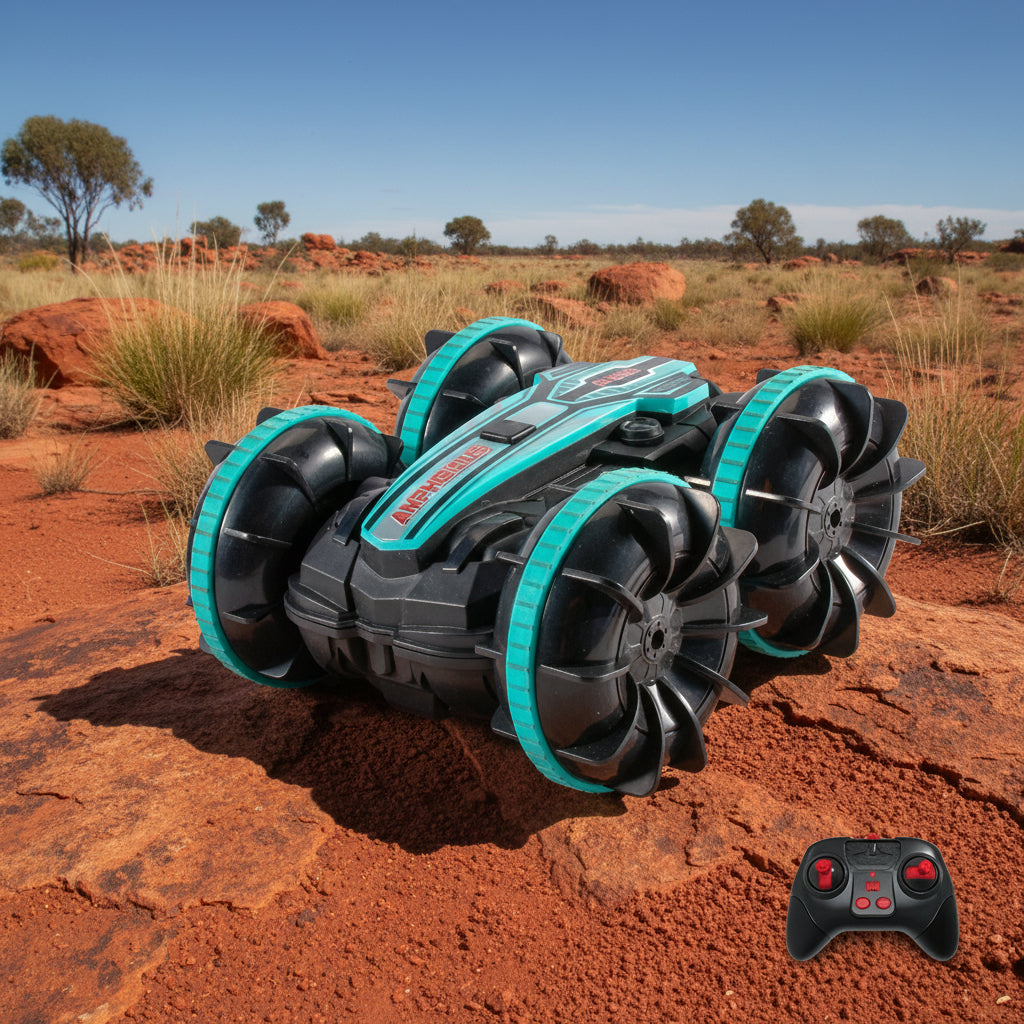 Toy vehicle with green wheels and a remote control on a white background