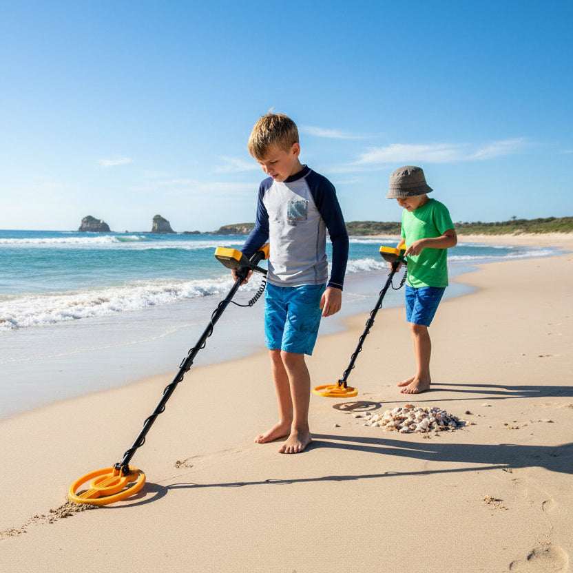 Metal detector with yellow coil on a white background
