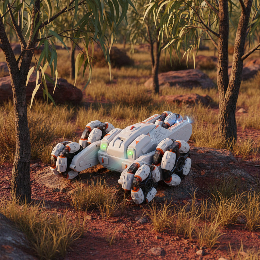 Toy robot with multiple legs on a white background