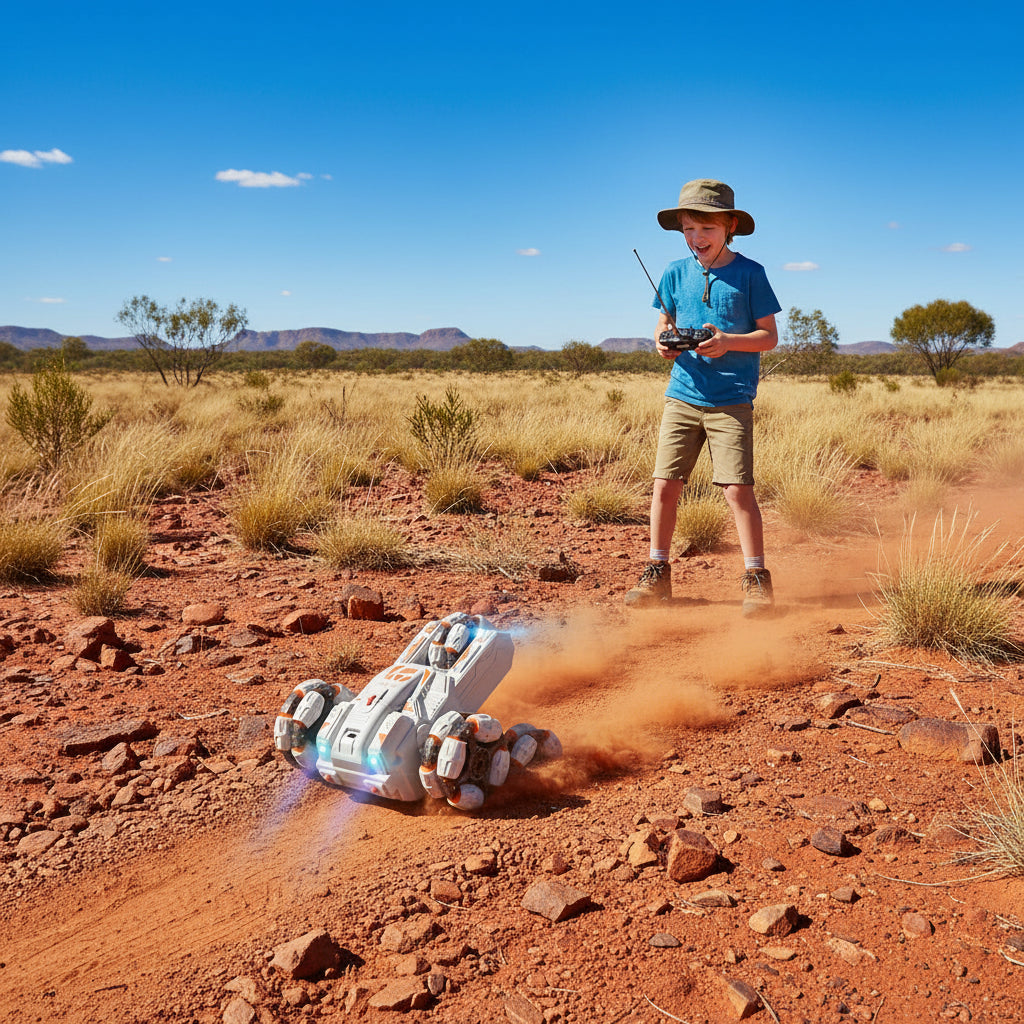 White and orange robot glove with LED lights on a white background