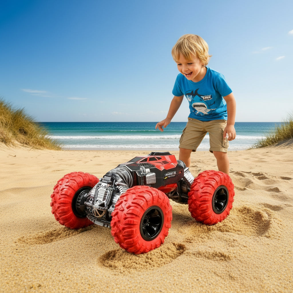Toy monster truck with red wheels on a white background