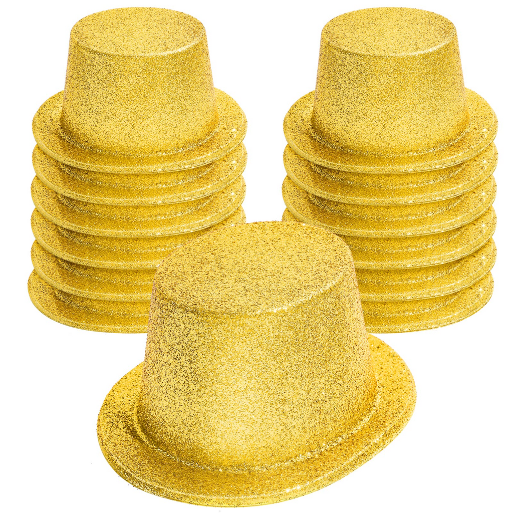12x GLITTER TOP HAT Fancy Party Plastic Costume Tall Cap Fun Dress Up BULK - Yellow/Gold