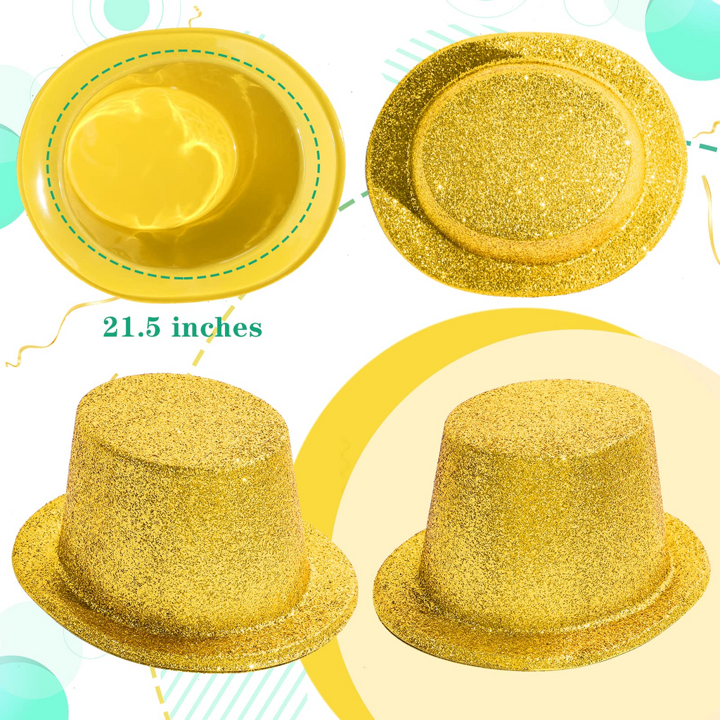 12x GLITTER TOP HAT Fancy Party Plastic Costume Tall Cap Fun Dress Up BULK - Yellow/Gold