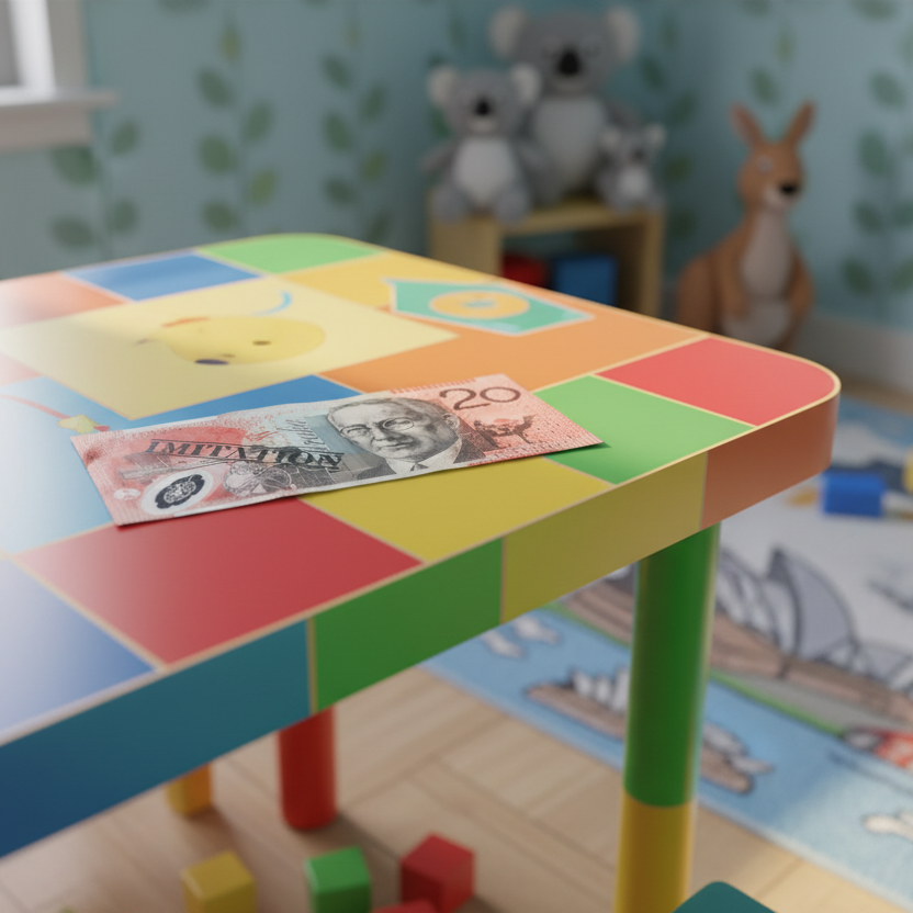 Faked 20 Australian dollar banknote with a watermark of a person and various symbols.