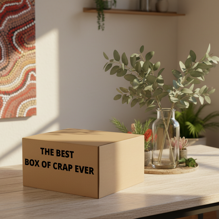 Cardboard box labeled 'The Best Box of Crap Ever' on a table with decorative plants and wall art.