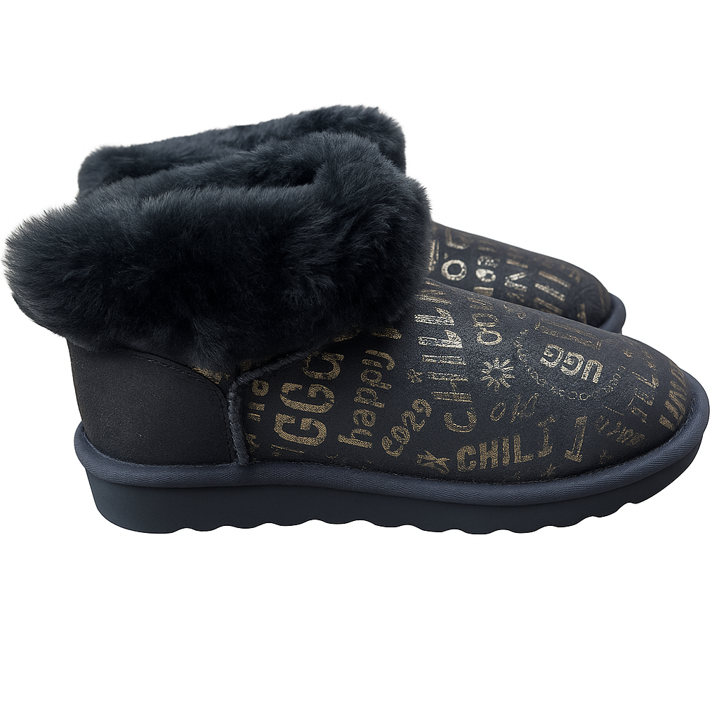 Womens Australian Sheepskin Wool Fur Mini UGG Ankle Boots in Gold Black - 6
