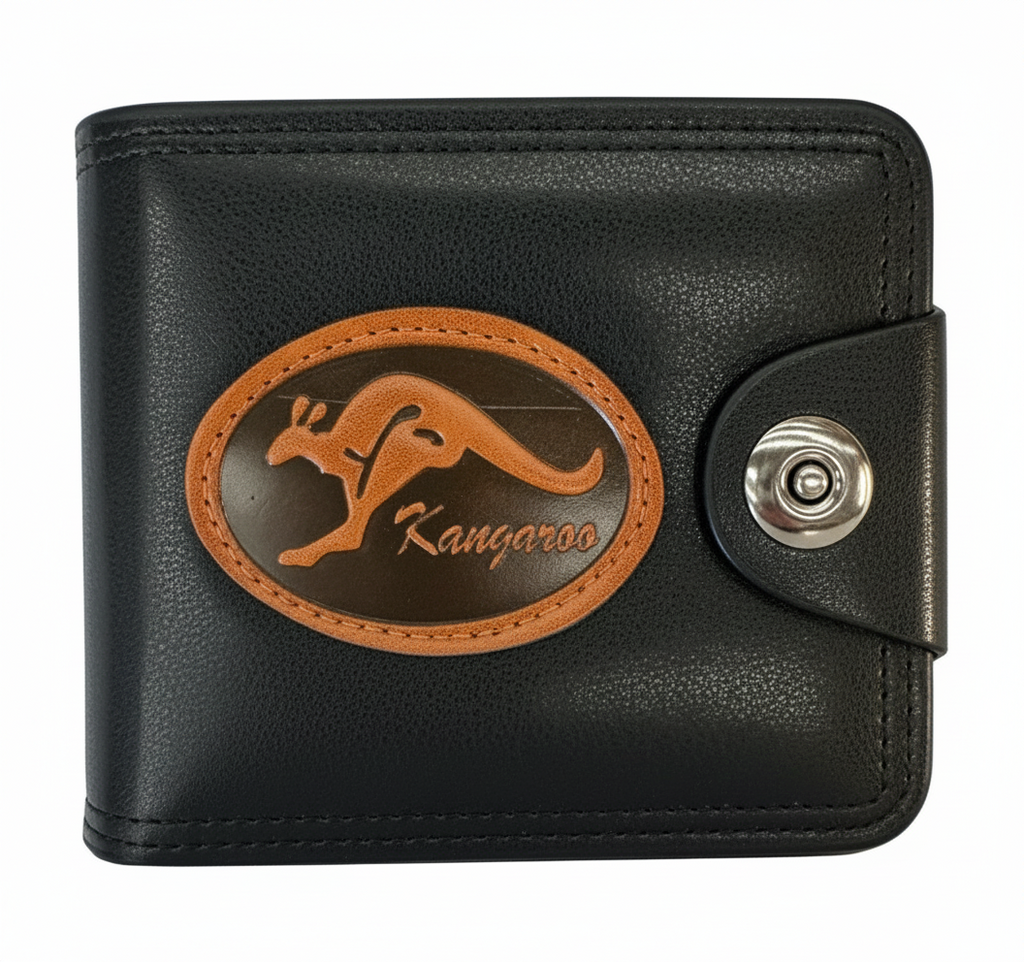 Black leather wallet with kangaroo emblem and 'Kangaroo' branding on a white background