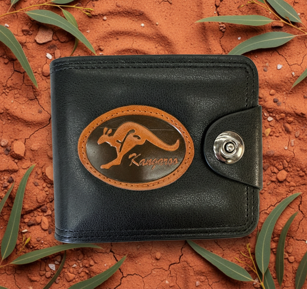 Black leather wallet with kangaroo emblem and 'Kangaroo' branding on a white background