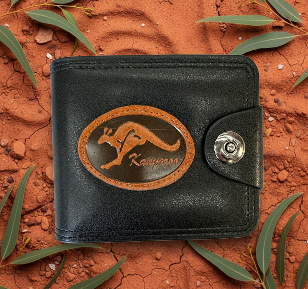Black leather wallet with kangaroo emblem and 'Kangaroo' branding on a white background