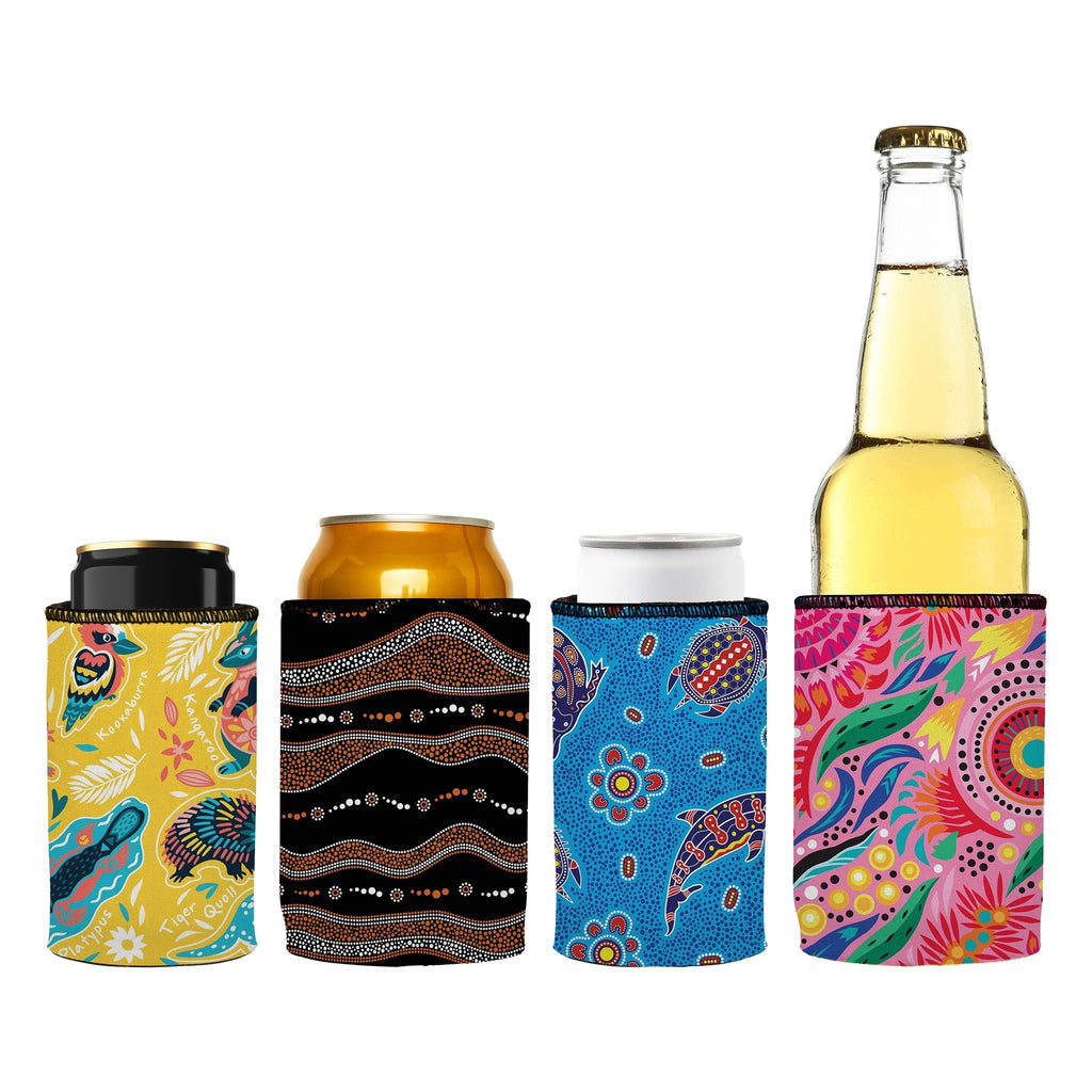 Set of colorful can and bottle coolers with abstract designs on a white background