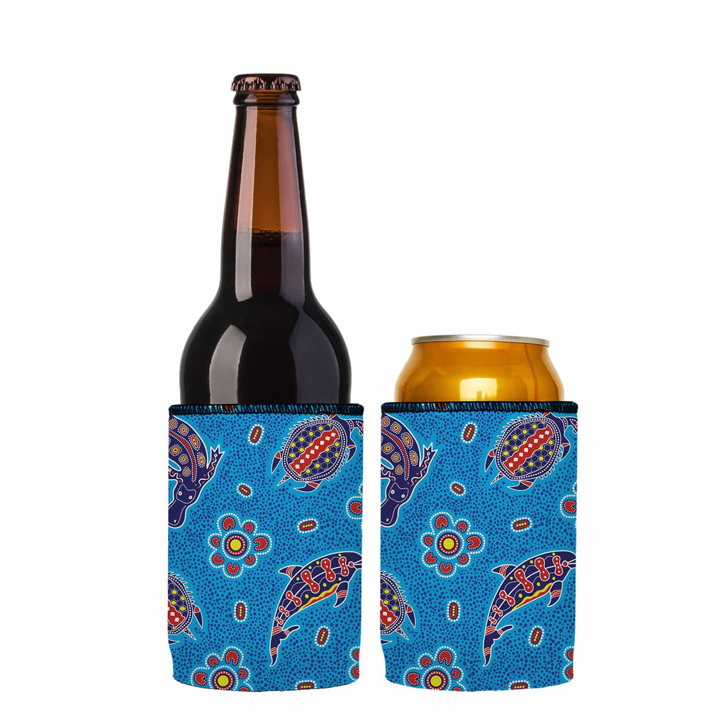 Two bottles, a bottle and a can, with blue patterned coolers on a white background.