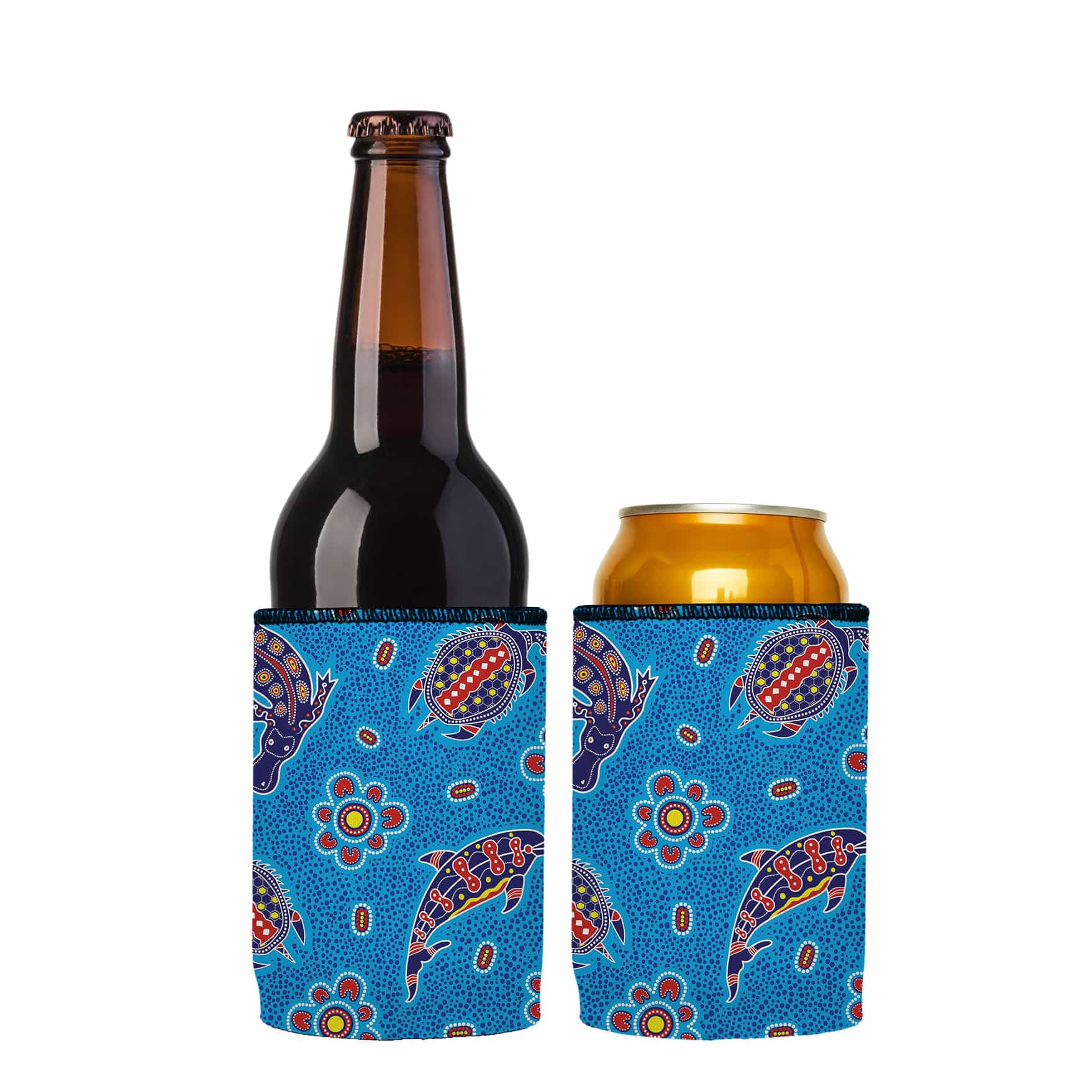 Two bottles, a bottle and a can, with blue patterned coolers on a white background.