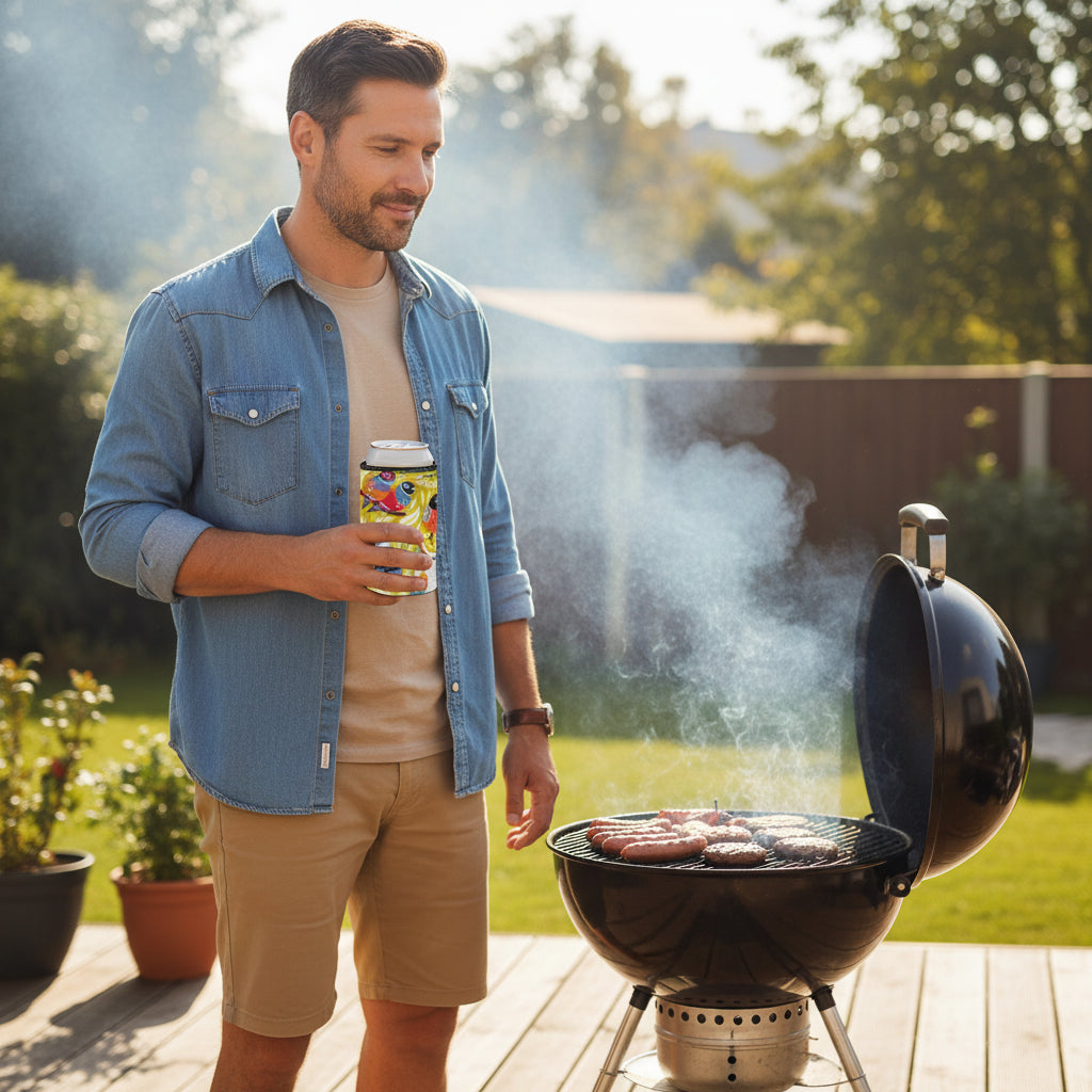Colorful can cooler with bird design on a white background