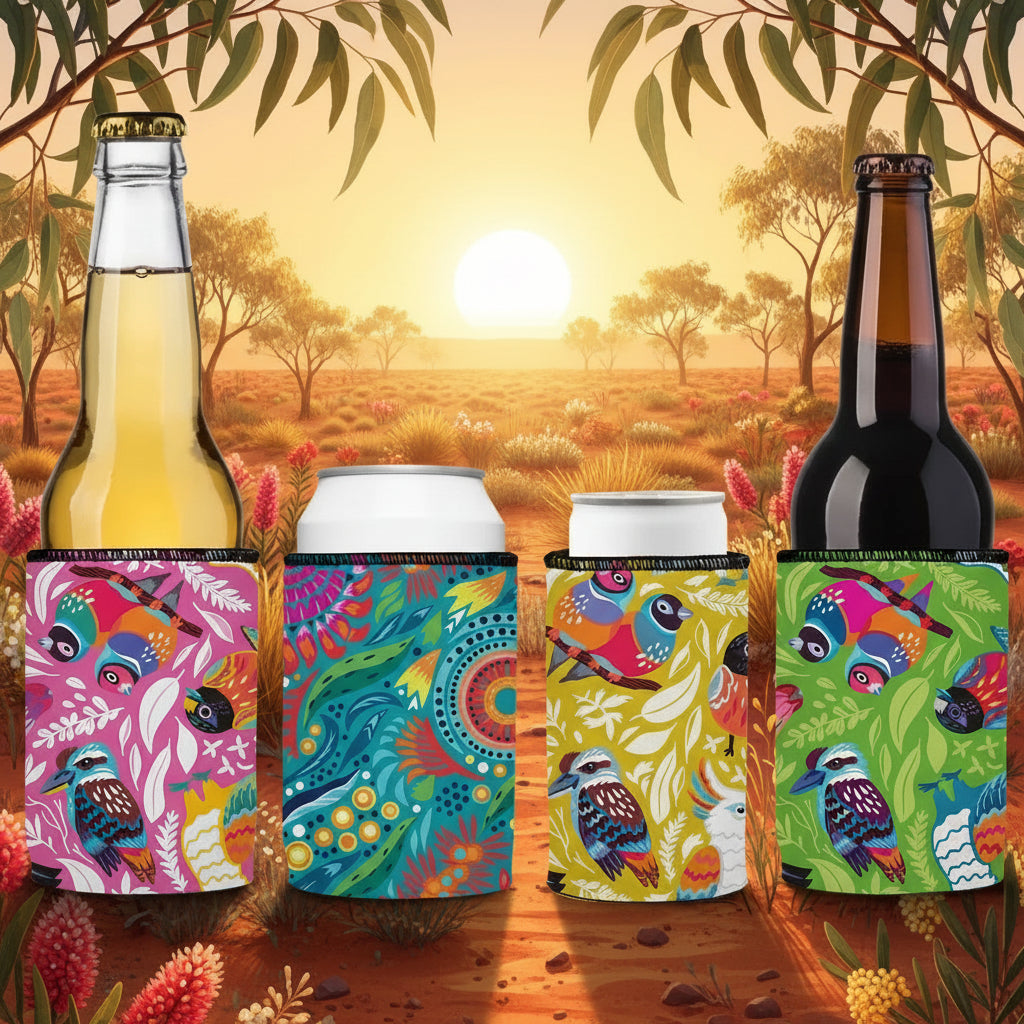 Colorful beer and can coolers with various designs on a white background