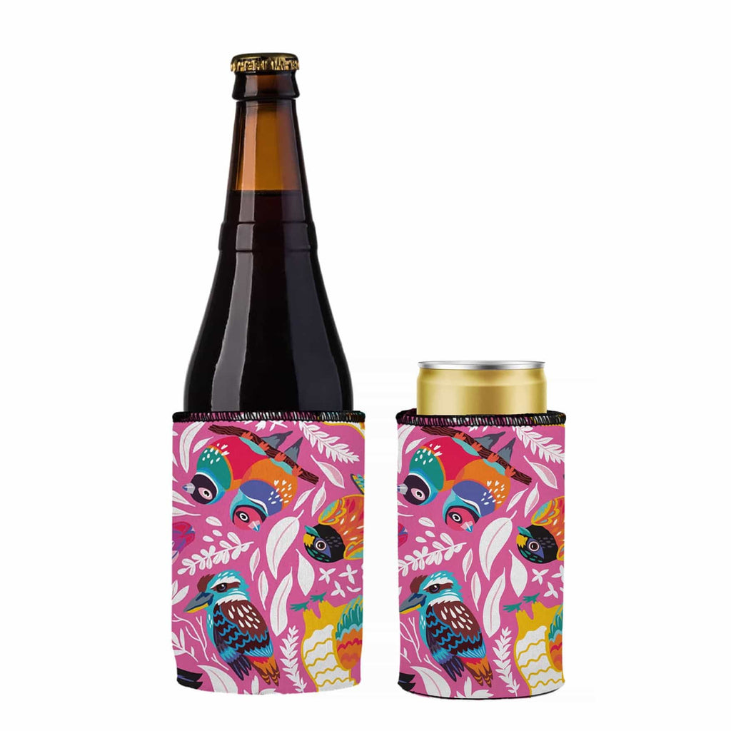 Bottle and can with colorful kookaburra design on pink background