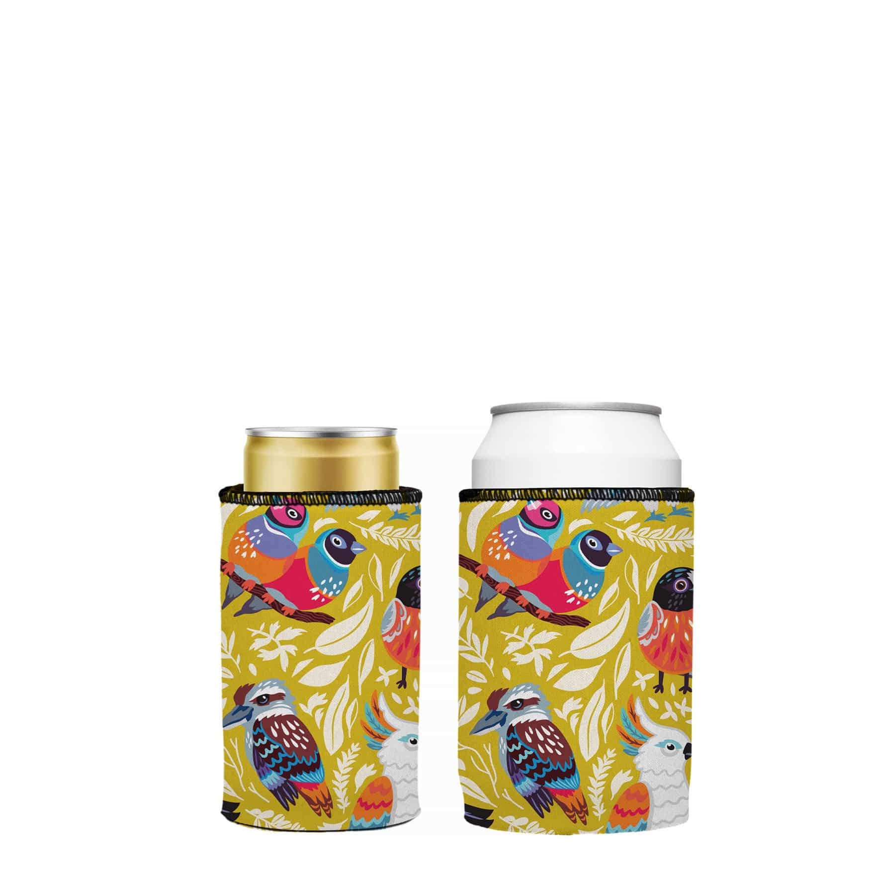Two can coolers with colorful bird designs on a white background