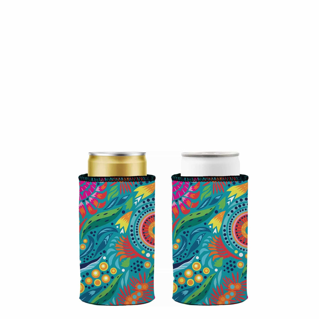 Two colorful can coolers with a vibrant pattern on a white background
